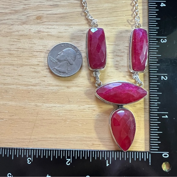 New Enhanced Red Ruby Faceted Multi Cluster Stone Silver Overlay Necklace 21” - Picture 8 of 12